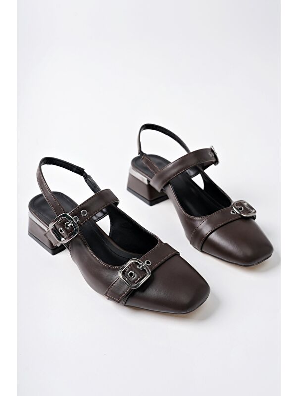 YUQİ Arkası Açık Küt Burun Çift Kemerli Kadın Günlük Klasik Kısa Topuklu Ayakkabı - Görsel 3