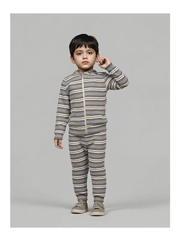 Mai Perla Unisex Çocuk Takımı Organik Pamuklu Şardonlu Kışlık Hırkalı Çizgili İkili Takım (1-5 Yaş)