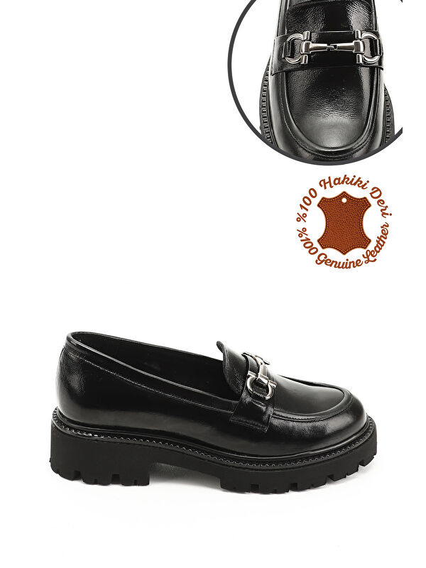 Gonderi(r) Kahverengi Gonderi(r) Orta Kalin Kadın Topuklu Tokalı Hakiki Deri Loafer Ayakkabı