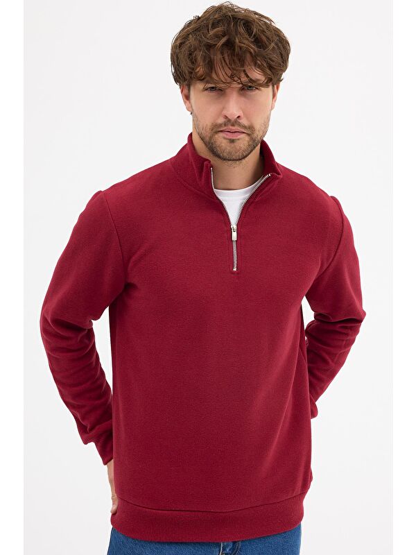 Mmetalic Erkek Bordo Standart Fit Normal Kesim Pamuklu Yarım Fermuarlı Dik Yaka Pamuklu Sweatshirt