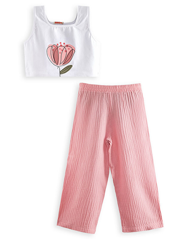 Denokids Çiçekli Kız Çocuk Pembe Müslin Pantolon Takım