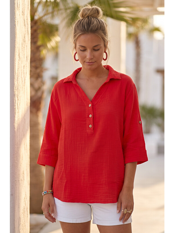 Chiccy Kırmızı Gömlek Yaka Düğmeli 3/4 Kol Casual Müslin Oversize Dokuma 67 67