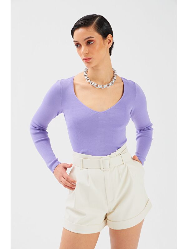 SATEEN V Yaka Crop Triko - Lila