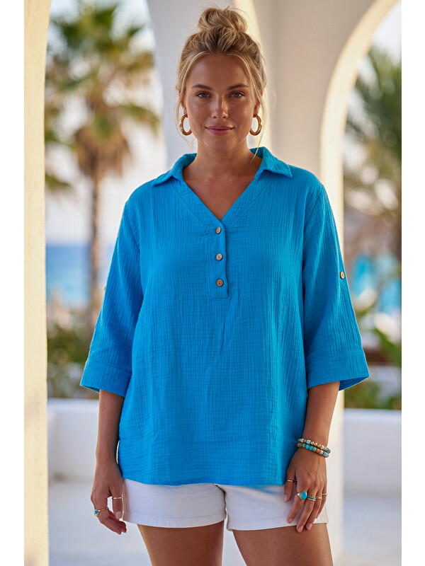 Chiccy Açık Mavi Gömlek Yaka Düğmeli 3/4 Kol Casual Müslin Oversize Dokuma 67 67