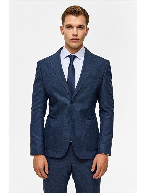 Süvari Lacivert Slim Desenli Mono Yaka 6 Drop Takım Elbise