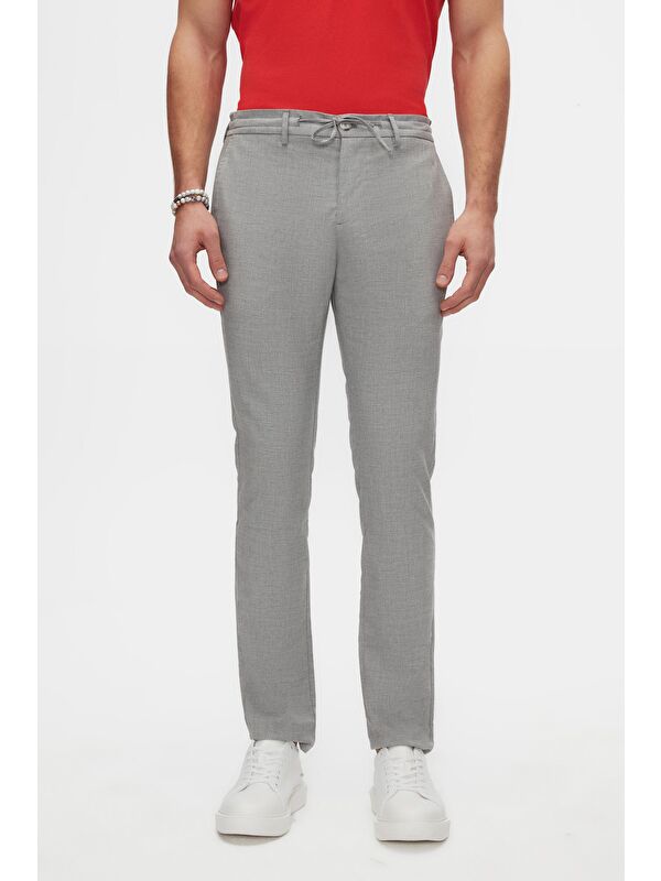 D'S damat Slim Fit Gri Beli Lastikli İpli Fermuarlı Elastanlı Rahat Jogger Pantolon