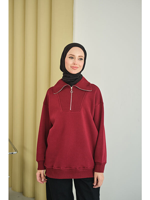 Locco Moda Kadın Yarım Fermuarlı Sweat Bordo