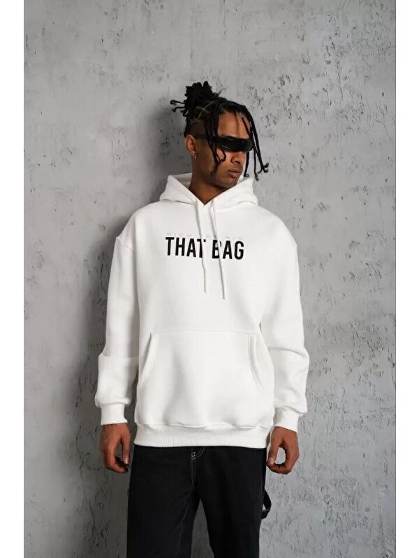 Jane's Erkek Kanguru Cep Baskılı Kapüşonlu Sweatshirt - Beyaz