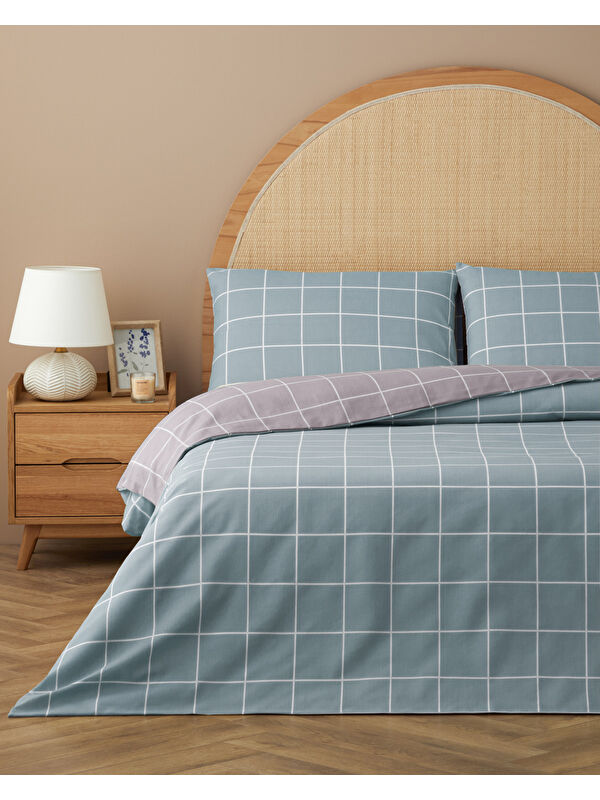 English Home Gridline Kolay Ütülenir Çift Kişilik Nevresim Takımı 200x220 cm Seledon-Mürdüm