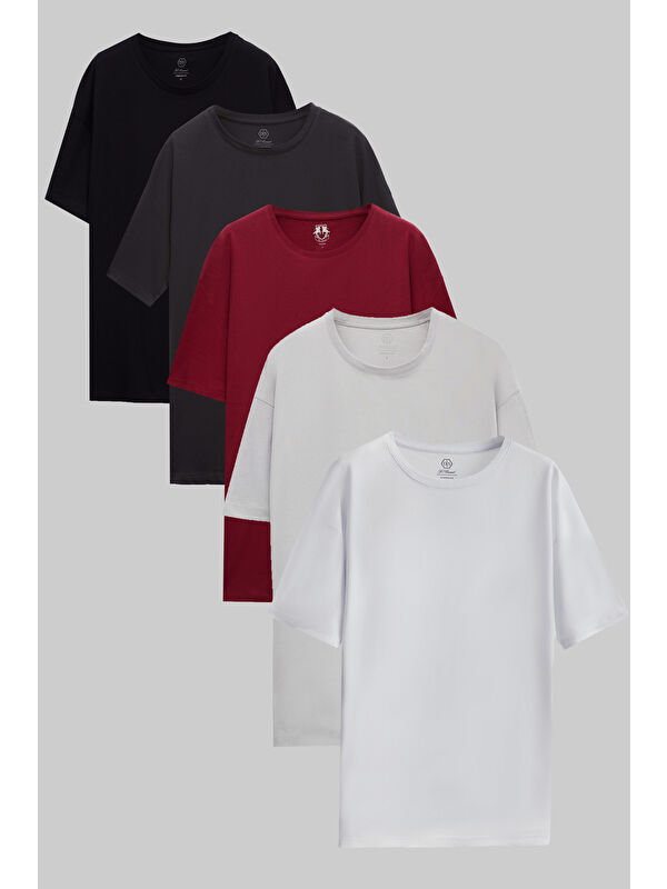 D'S damat Siyah/Antrasit/Bordo/Gri/Beyaz 5'Li Oversize %100 Pamuk Tişört