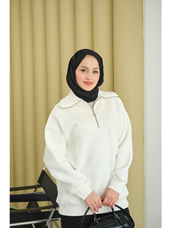 Locco Moda Kadın Yarım Fermuarlı Sweat Ekru