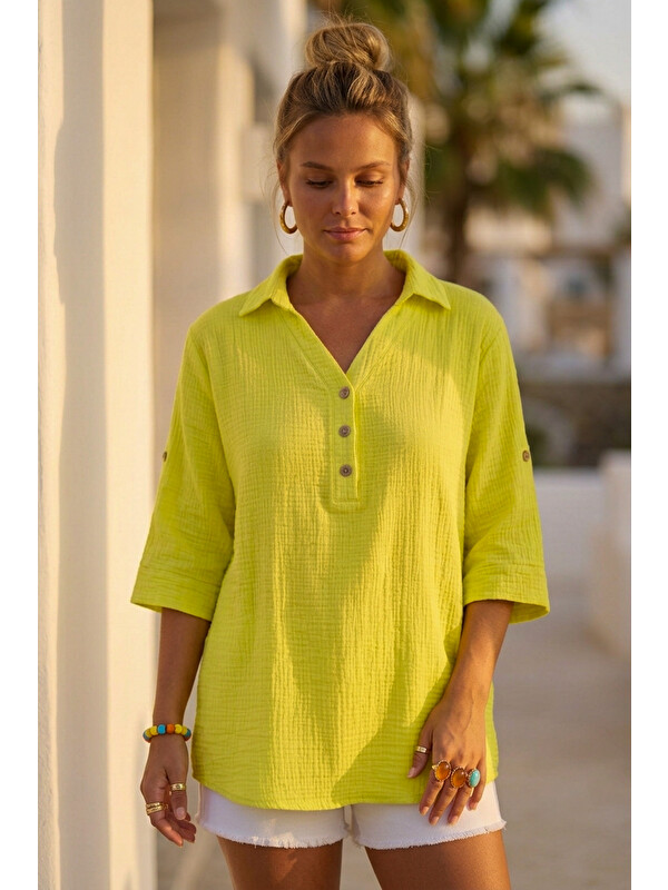 Chiccy Neon Sarı Gömlek Yaka Düğmeli 3/4 Kol Casual Müslin Oversize Dokuma 67 67