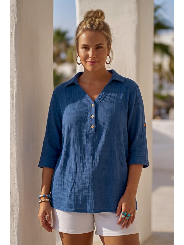 Chiccy Mavi Gömlek Yaka Düğmeli 3/4 Kol Casual Müslin Oversize Dokuma 67 67