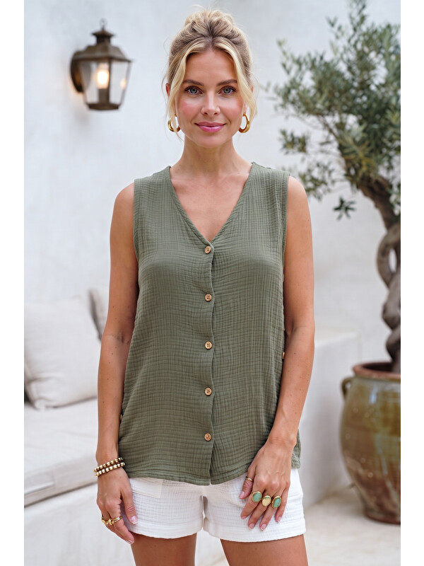 Chiccy Haki V Yaka Kolsuz Düğmeli Yanları Düğmeli Casual Müslin Dokuma Bluz 58 56