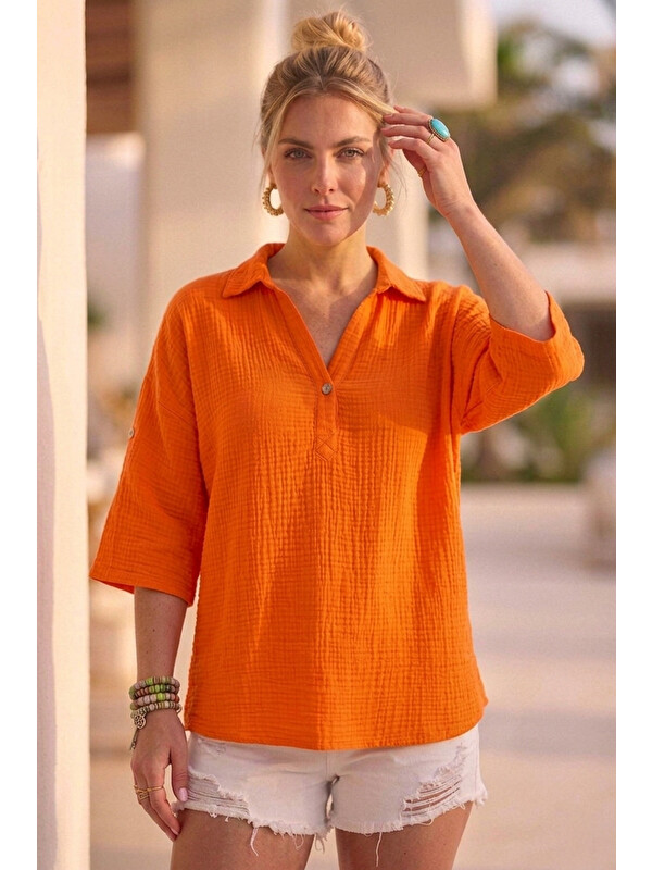 Chiccy Turuncu Gömlek Yaka Düğmeli 3/4 Kol Casual Müslin Oversize Dokuma 67 55