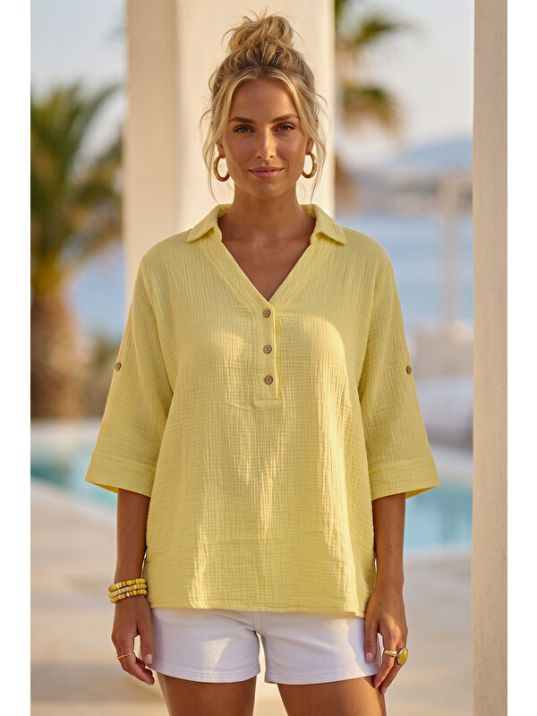 Chiccy Sarı Gömlek Yaka Düğmeli 3/4 Kol Casual Müslin Oversize Dokuma 67 67