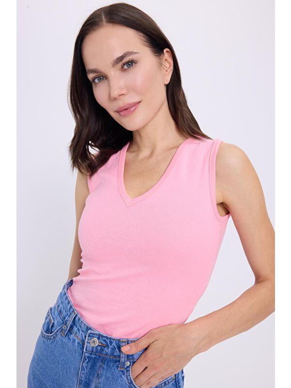 TUDORS Kadın Slim Fit Dar Kesim V Yaka Sıfır Kol Pamuklu Ribanalı Pembe Bluz