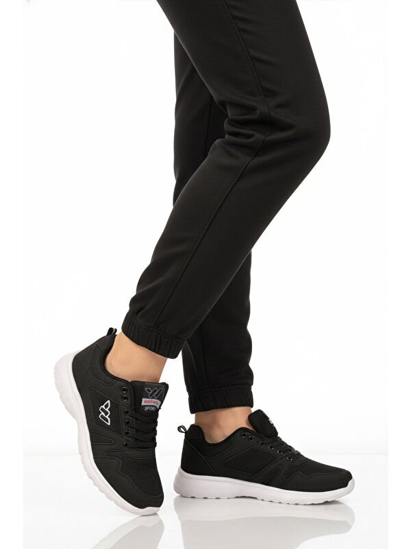 Walkway Siyah Beyaz Fileli Hafif Bağcıklı Esnek Unisex Spor Ayakkabı 020 G