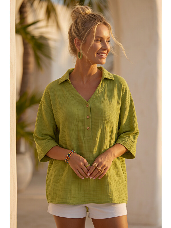 Chiccy Zeytuni Gömlek Yaka Düğmeli 3/4 Kol Casual Müslin Oversize Dokuma 67 67