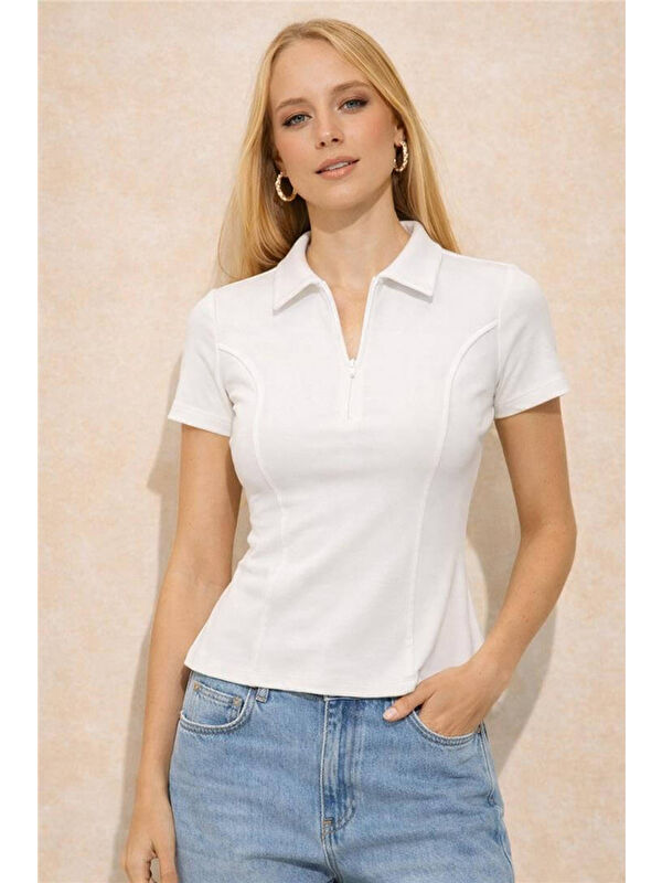 Fashion Friends Pamuklu Fermuarlı Polo Yaka Kadın T Shirt 26Y0332K1