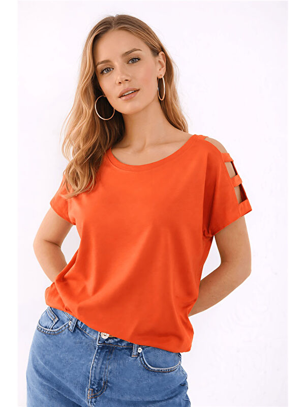 Fashion Friends Pamuk ve Modal Karışımlı Omuz Detaylı Kadın T Shirt 26Y0195K1