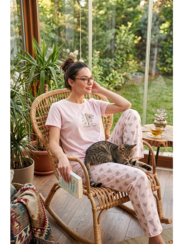 Lela % 100 Pamuk Regular Fit Desenli Bisiklet Yaka Kadın Pijama Takımı 65790784