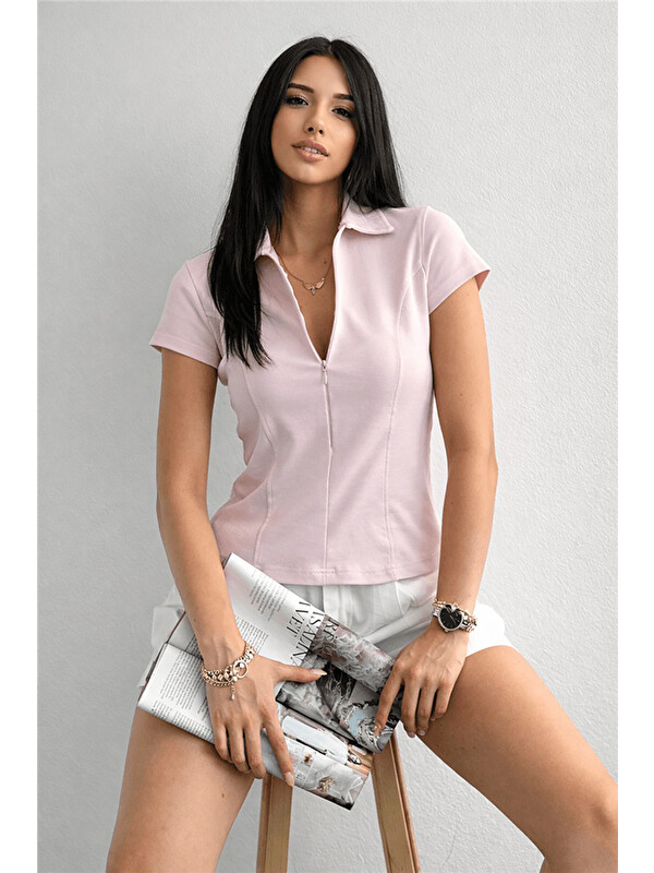 Fashion Friends Pamuklu Fermuarlı Polo Yaka Kadın T Shirt 26Y0332K1