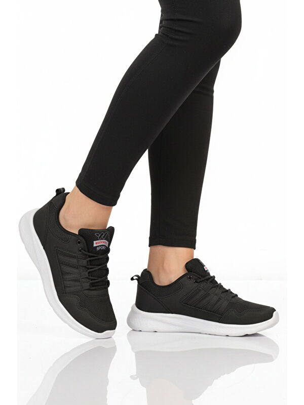 Walkway Siyah Beyaz Fileli Hafif Bağcıklı Unisex Spor Ayakkabı 2029 G
