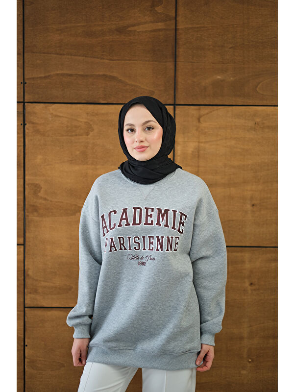 Locco Moda Kadın Yazı Baskılı Nakış İşlemeli Oversize Sweat Koyu Gri