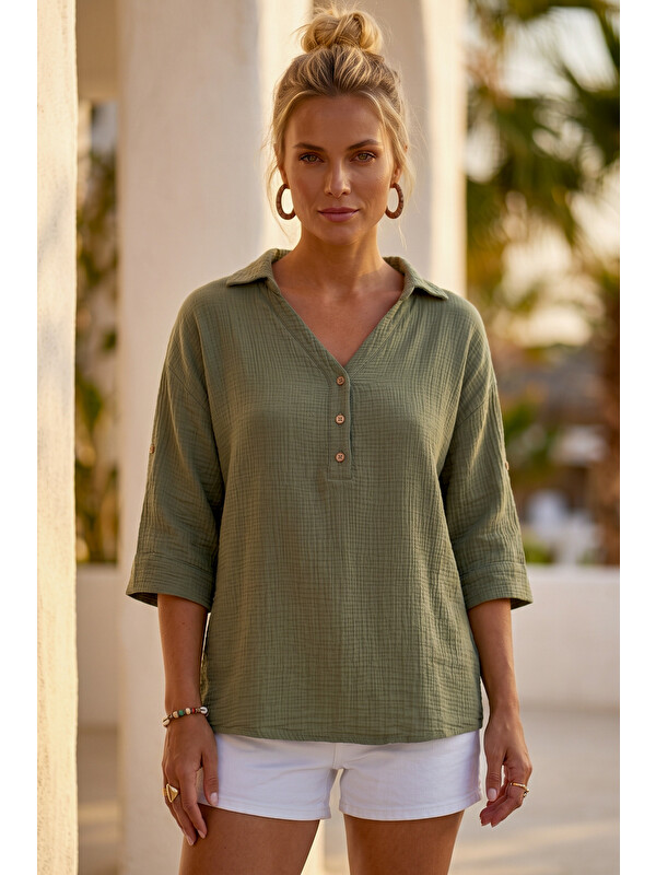 Chiccy Haki Gömlek Yaka Düğmeli 3/4 Kol Casual Müslin Oversize Dokuma 67 67