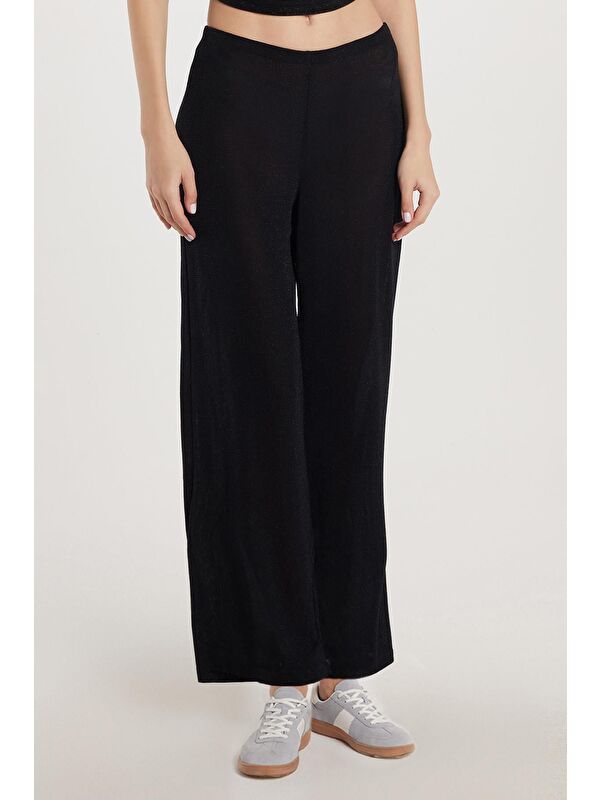 TUDORS Kadın Slim Fit Dar Kesim Beli Lastikli Palazzo Geniş Paça Siyah Pantolon