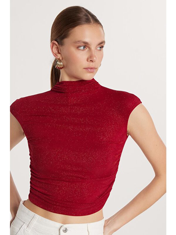 TUDORS Kadın Slim Fit Dar Kesim Lastikli Kısa Kol Bordo Bisiklet Yaka Bluz
