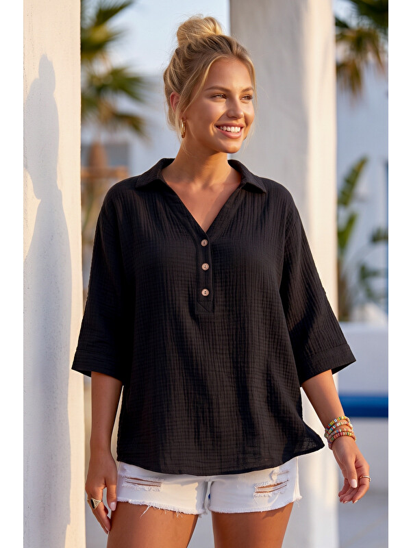 Chiccy Siyah Gömlek Yaka Düğmeli 3/4 Kol Casual Müslin Oversize Dokuma 67 67