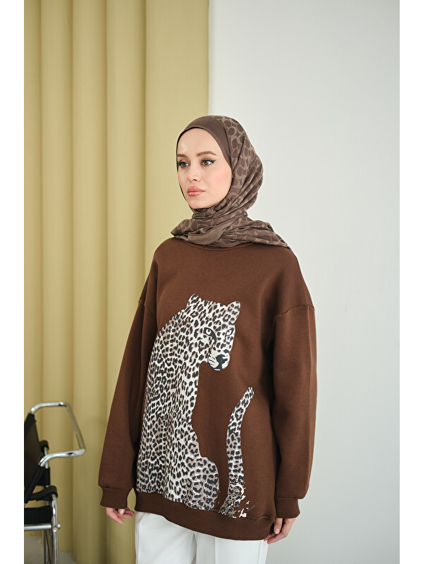 Locco Moda Kadın Leopar Kaplan Görünümlü Oversize Sweat Kahverengi