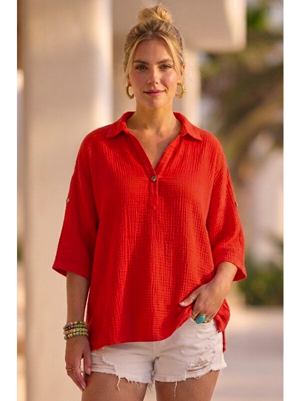 Chiccy Narçiçeği Gömlek Yaka Düğmeli 3/4 Kol Casual Müslin Oversize Dokuma 67 55