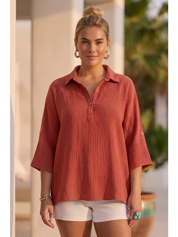 Chiccy Kiremit Rengi Gömlek Yaka Düğmeli 3/4 Kol Casual Müslin Oversize Dokuma 67 55