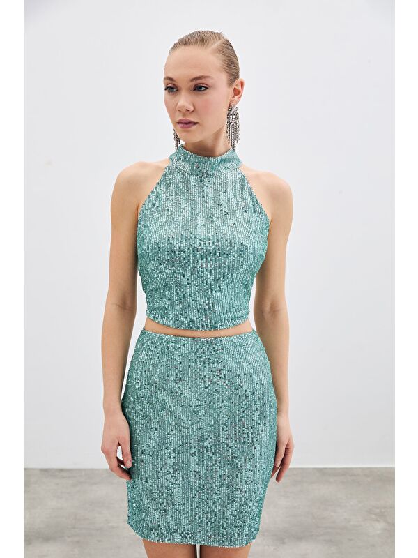 SATEEN Kolsuz Payetli Bluz - Mint