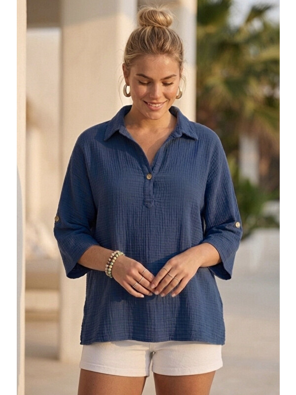 Chiccy Koyu Mavi Gömlek Yaka Düğmeli 3/4 Kol Casual Müslin Oversize Dokuma 67 55