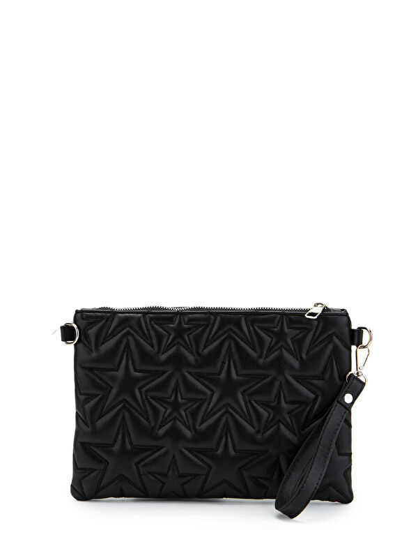 Minebag Yıldız Dikişli Clutch Suni Deri Star Kadın Çanta Siyah