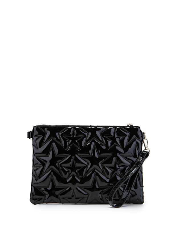 Minebag Yıldız Dikişli Clutch Star Kadın Çanta Siyah Rugan