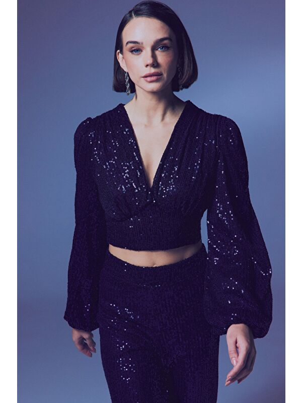 SATEEN Kruvaze Payetli Crop Bluz - Lacivert