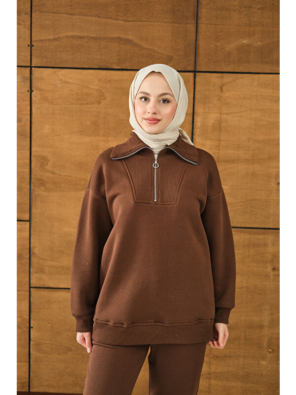 Locco Moda Kadın Yarım Fermuarlı Sweat Kahverengi