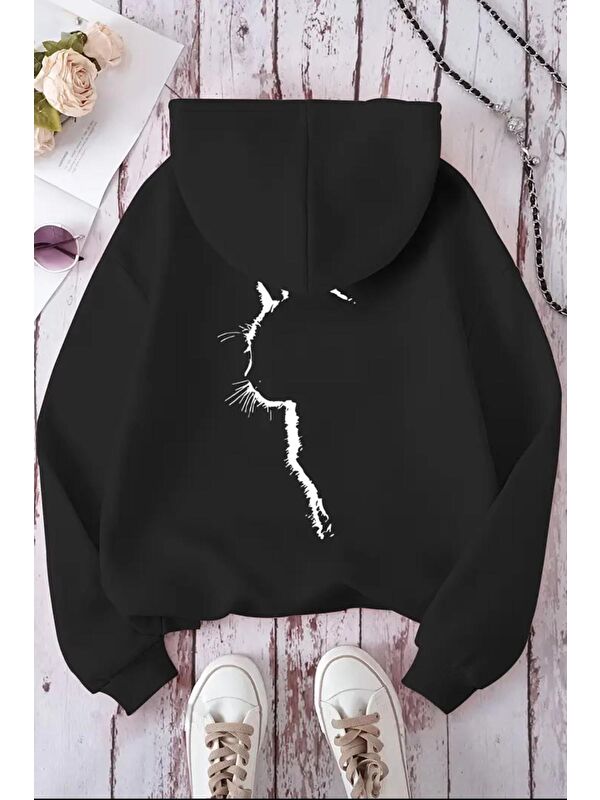 Oksit Siluet Kedi Sırt Baskılı İçi Pamuklu Unisex Sweatshirt