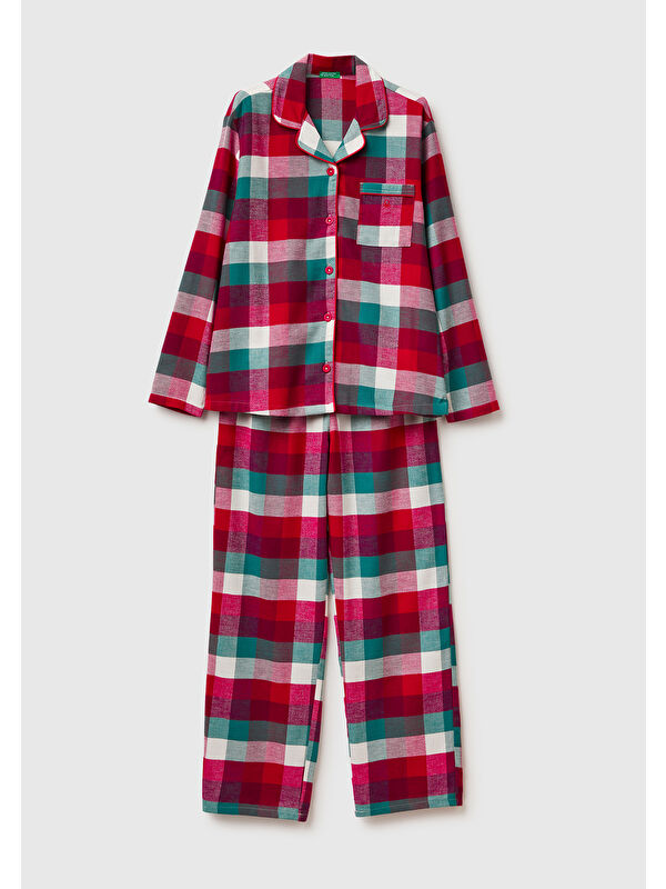 United Colors Of Benetton Kadın Kırmızı Ekoseli %100 Pamuk  Desenli Pijama Takımı