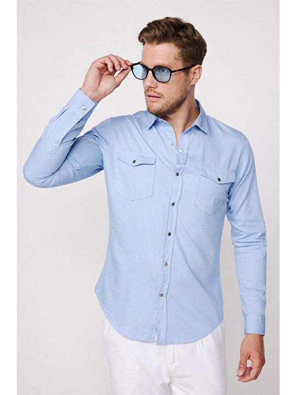 TUDORS Slim Fit Uzun Kollu Çift Cep Çıtçıtlı Denim Erkek Mavi %100 Pamuk Gömlek