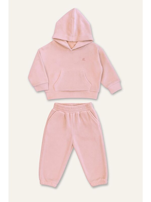 MİNİNİO Unisex Çocuk Kapüşonlu Kanguru Cepli Polar İkili Takım - Pembe