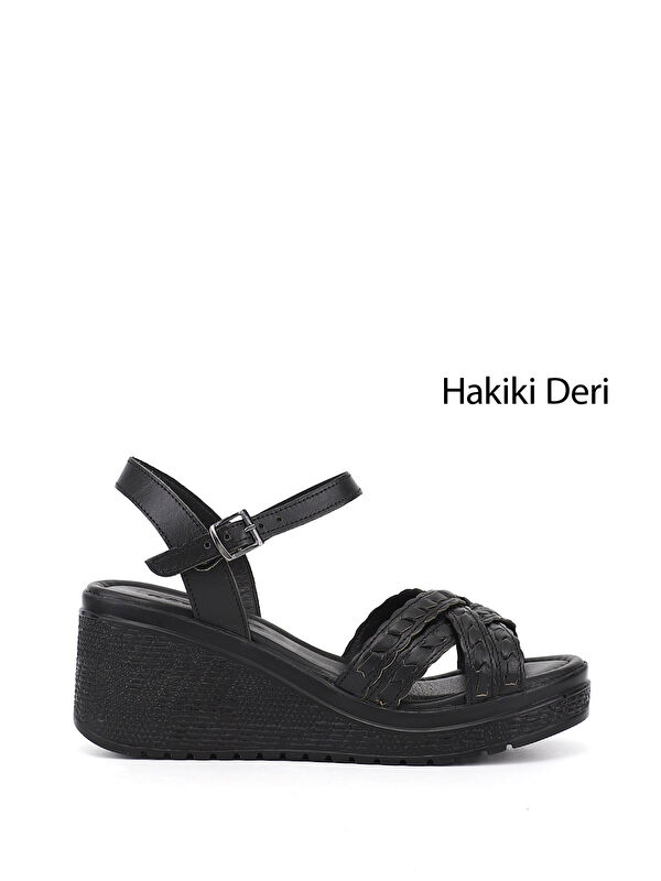 GÖNDERİ(R) Kadın SİYAH Bilek Bağlı Dolgu Topuk Hakiki Deri Sandalet