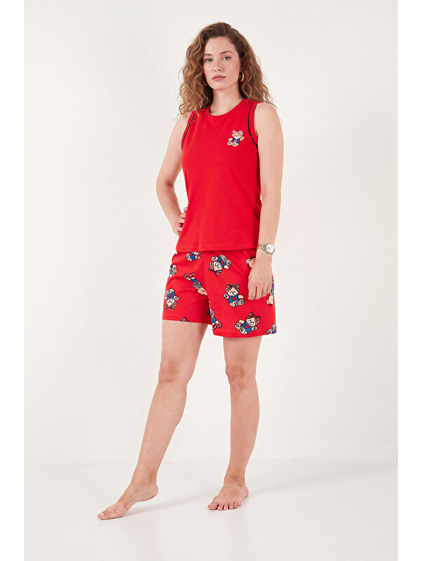 Lela Baskılı Pamuklu Bisiklet Yaka Şortlu Pijama Takımı 65790786