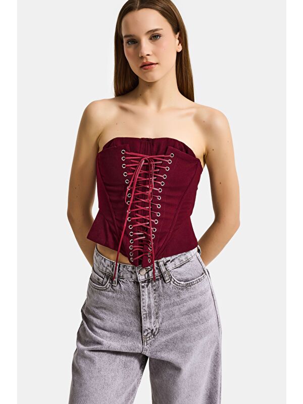 It's Basic Kadın Bordo w5 Crop Kuş Gözü ve Bağcık Detaylı Straptez Özel Tasarım Büstiyer