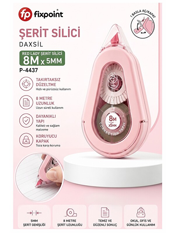 Artlantis Şerit Daksil Beyaz 5mmx8 Metre 1 Adet P-4437 Fixpoint Şerit Düzeltici Şerit Silici Yazı Silici Büro